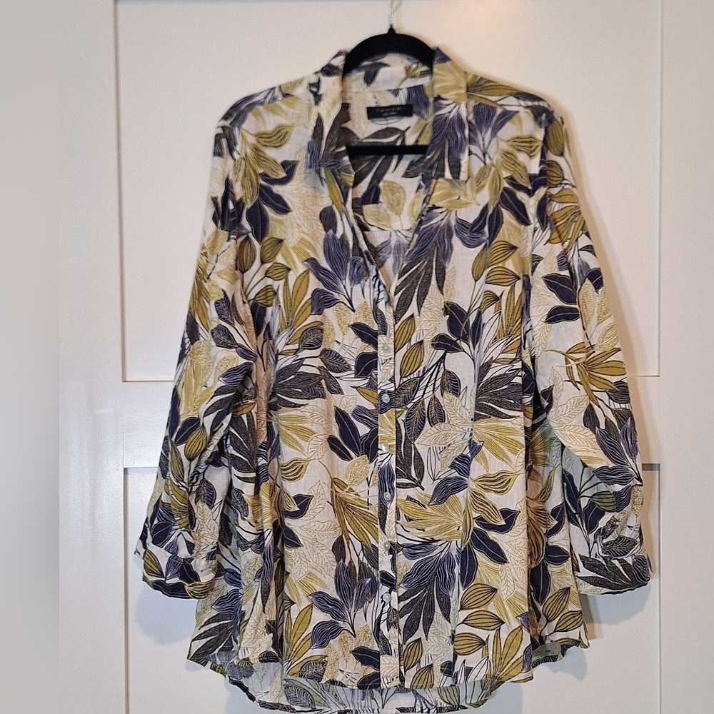 Tahari Linen Button Down Shirt Tropical Leaves Size 3X Blue White Green